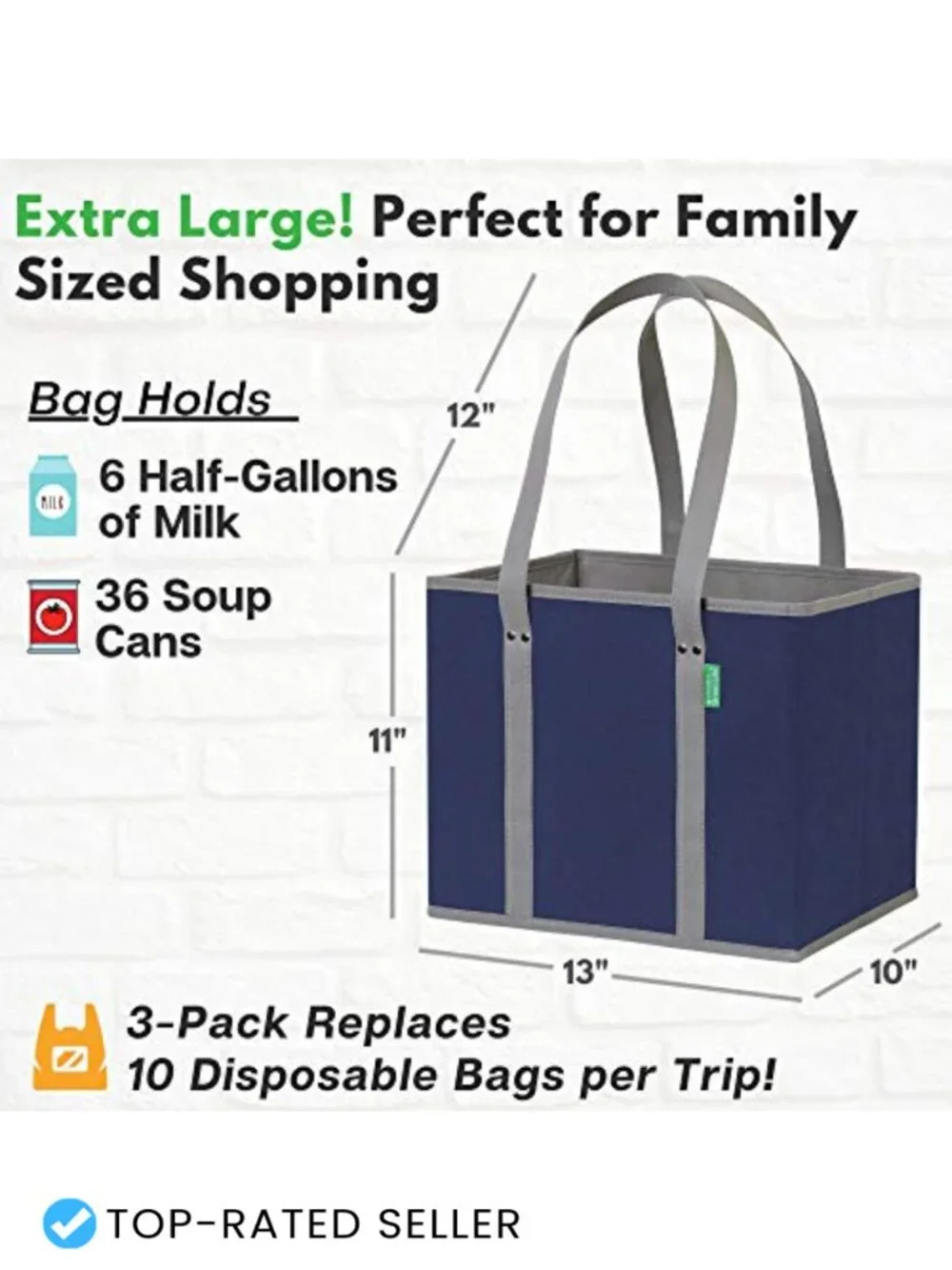 Heavy Duty Reusable Grocery Bags, Large Box Shaped Totes, Stand Up, Foldable,